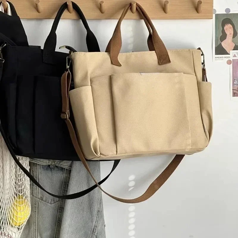 Urban Minimalist Female Student Large Capacity Commuting Horizontal Canvas Single Shoulder Diagonal Cross Portable Tote Bag
