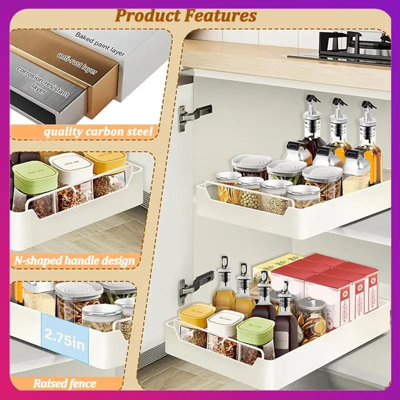 

ABKL-Pull-Out Kitchen Storage Box, Cabinet Organizer Rack, Spice Pantry Shelves, Drawer Basket, Easy Install, Quiet Slide