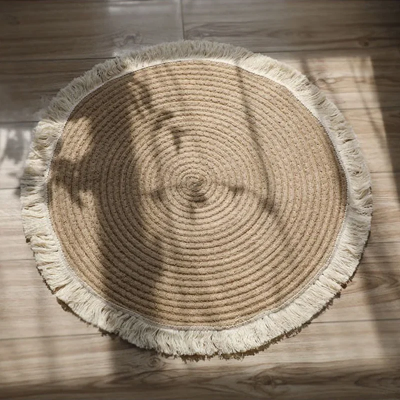 Round Woven Rugs Handmade jute Rattan Carpet With Tassel for Bedroom Living Room Vintage Home Decor Floor Mats Room Door Mat