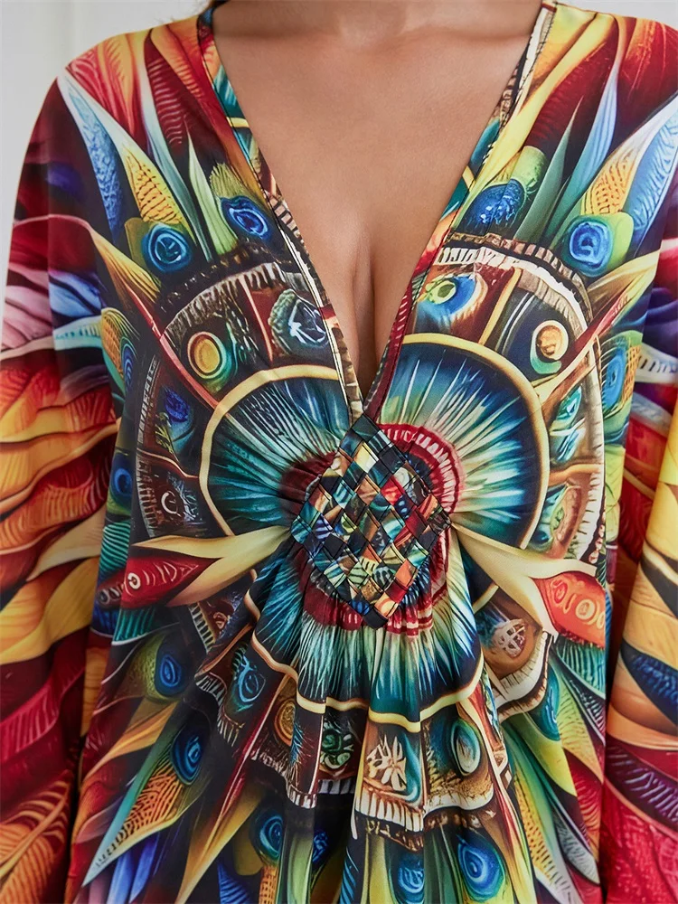 Elegancka damska damska Plus Size Kaftan 2024 letnia sukienka z dekoltem w stylu Boho z dekoltem w szpic seksowna okrycie plażowe sukienka Q1588