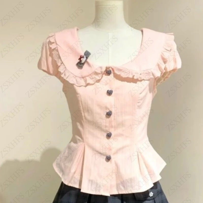 2000s Kawaii Summer T shirt Women Clothes Cute Lace Slim Sweet Pink Short sleeve Femme Crop Top Harajuku Peter Pan Collar Shirts