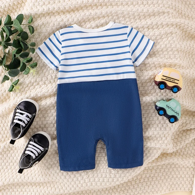 Newborn Baby Boy Striped Romper Round Neck Short Sleeve Car Patch Fake Two-Pieces Playsuit Short Jumpsuit Infant Summer Clothes
