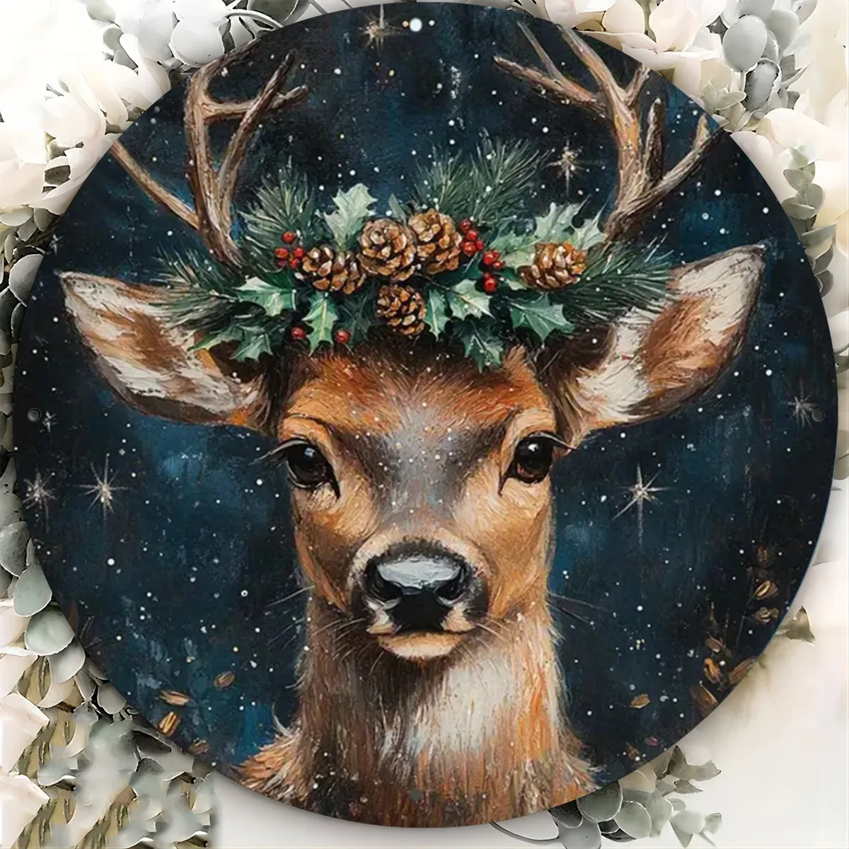 لوحة فنية جدارية معدنية لعيد الميلاد الرنة العتيقة - لافتة قصدير مستديرة مقاس 8 × 8 بوصة مع تصميم هولي وسماء مرصعة بالنجوم احتفالية، مثالية للحانات، Ca