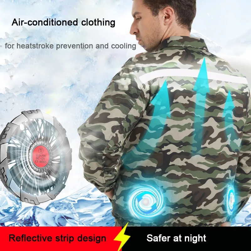 Men Summer Air Conditioning Clothing 2 Fan Cooling Camouflage Short Sleeve Blosue Reflective Strip USB Charging Outdoor Worker