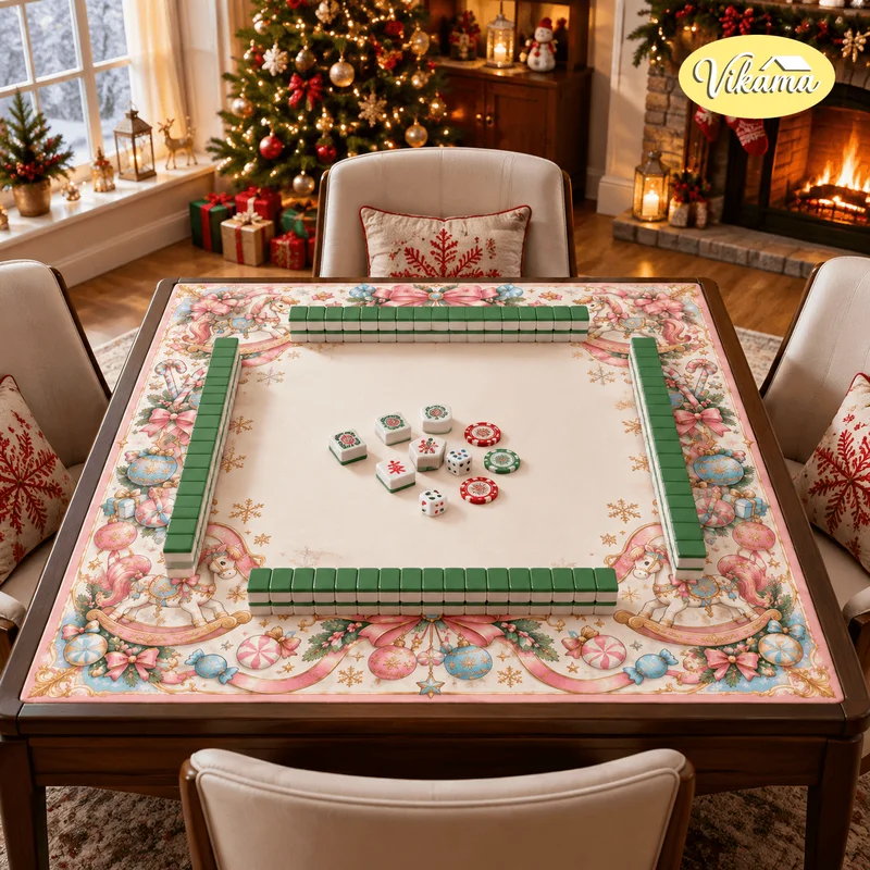 VIKAMA Christmas Pink Rocking Horse Mahjong Mat Non Slip Washable Table Cover for Kids Family Game Night Holiday Party Gift