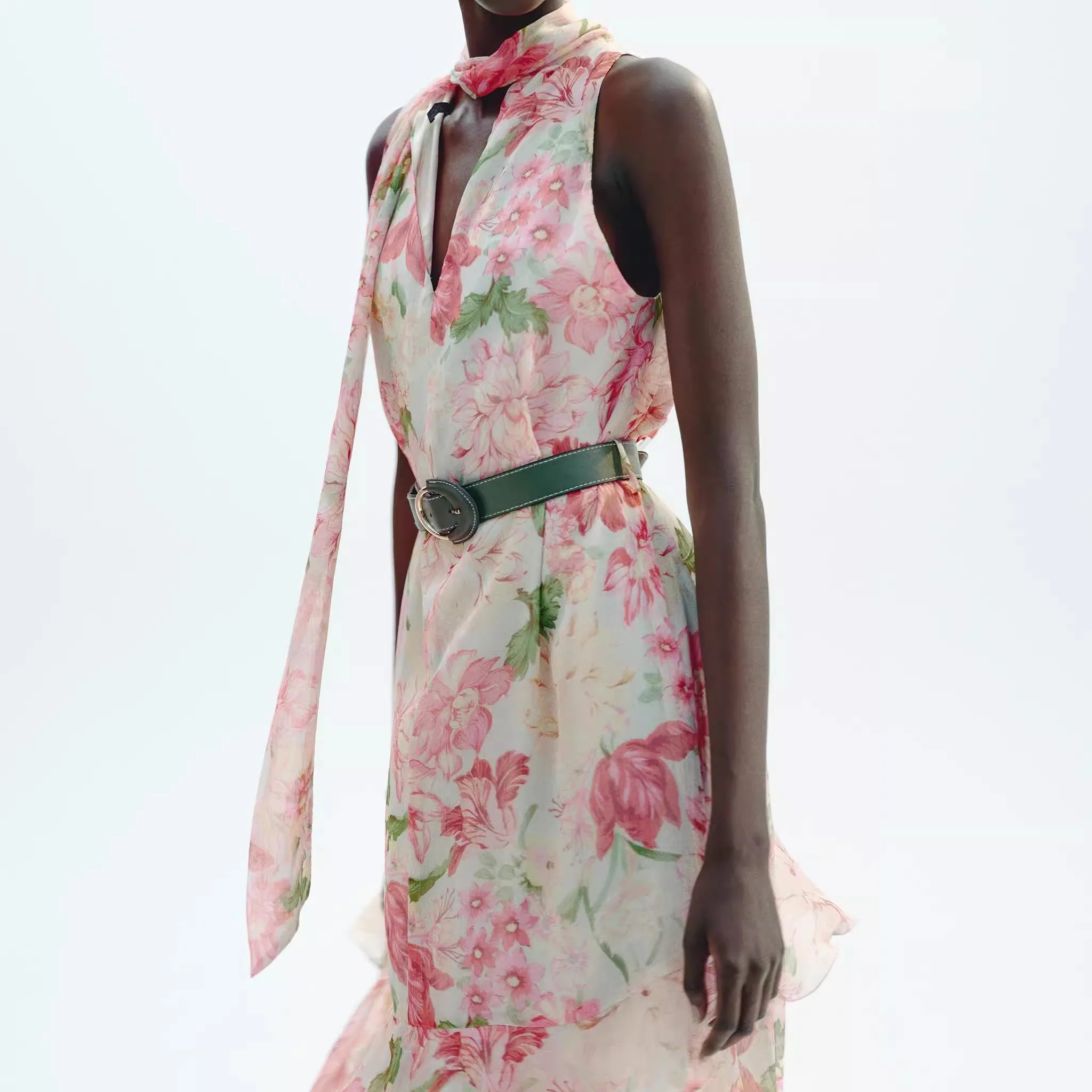 E cintura alta impro maxi vestido sem mangas gola em camadas decoração nova coleção de verão moda fena  kiss