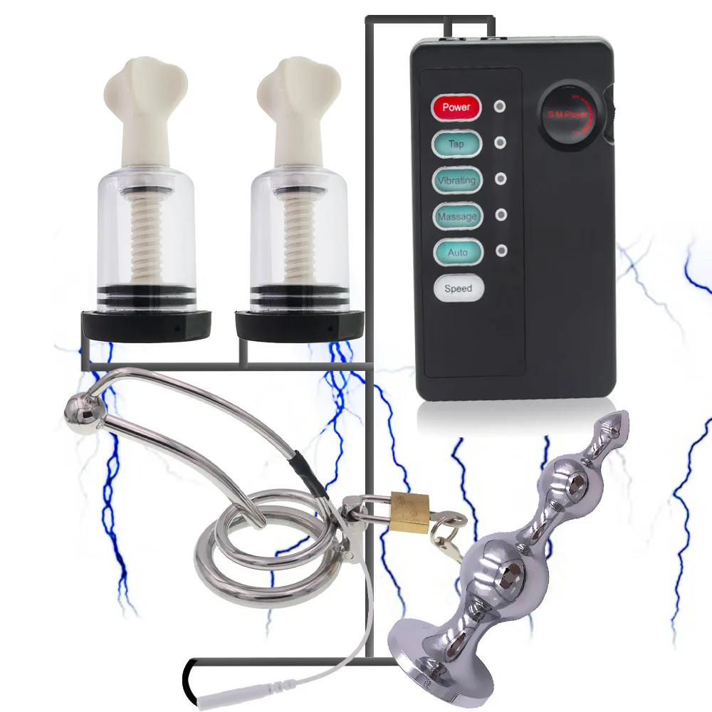 Electric Shock Anal Butt Plug Set BDSM Electric Stimulation Nipple Clamp Chastity Lock Prostate Massage Couple Breast Sex Toys