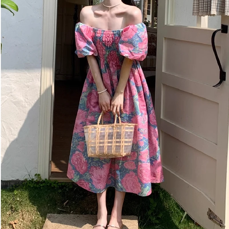 Plus Size Blumendruck Sommer Dr Damen Midirock Urlaub Sle Schlankmachendes langes Dr Ort Sve Princ-Kleid mit hoher Taille