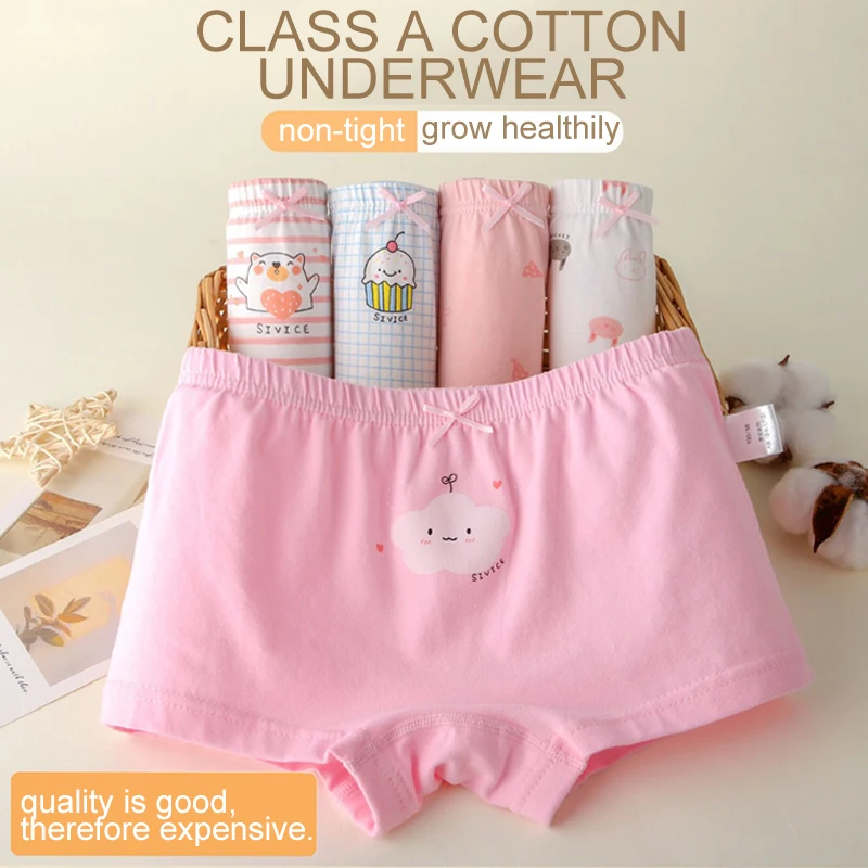 4pcs Cotton Boxer Shorts Girls Pure Cotton Cute Underpant Middle Large Children Briefs Baby Non-crotch Seamless Underwear 8-38kg