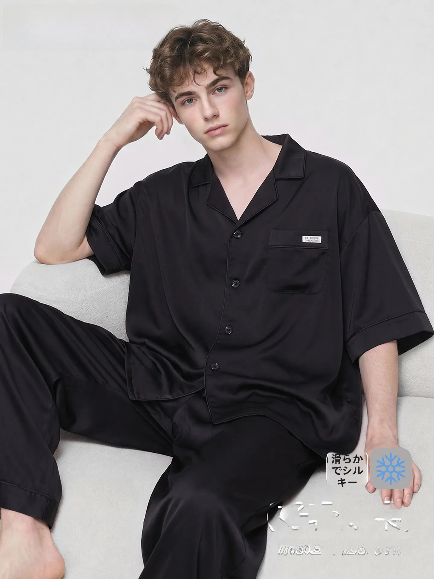 oxytime-men's-summer-ice-silk-cool-feeling-short-sleeve-long-pants-open-cardigan-black-home-clothes-set-lightweight-luxury-style