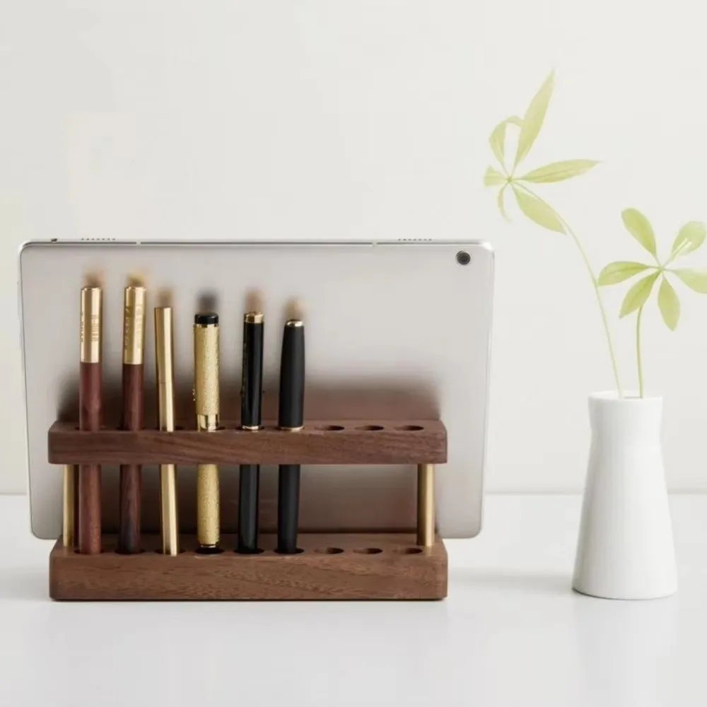 Modern Walnut Wood Pen Holder 9 Slots Sleek Phone Stand Pen Stand For Office School