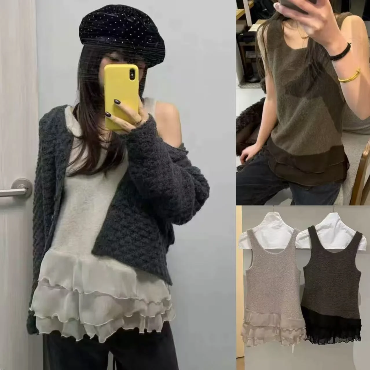 Versatile round Ne Svel Women's Vest Dongda Gate Autumn Winter Layering Design Sensation Hem Lace Splice Top