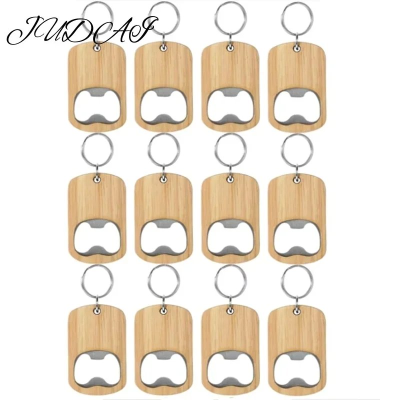 

12pcs Wood Bottle Opener Wooden Keychain Bottle Openers Blanks Wood Engraving Key Chains Key Tag for Home Kitchen Party