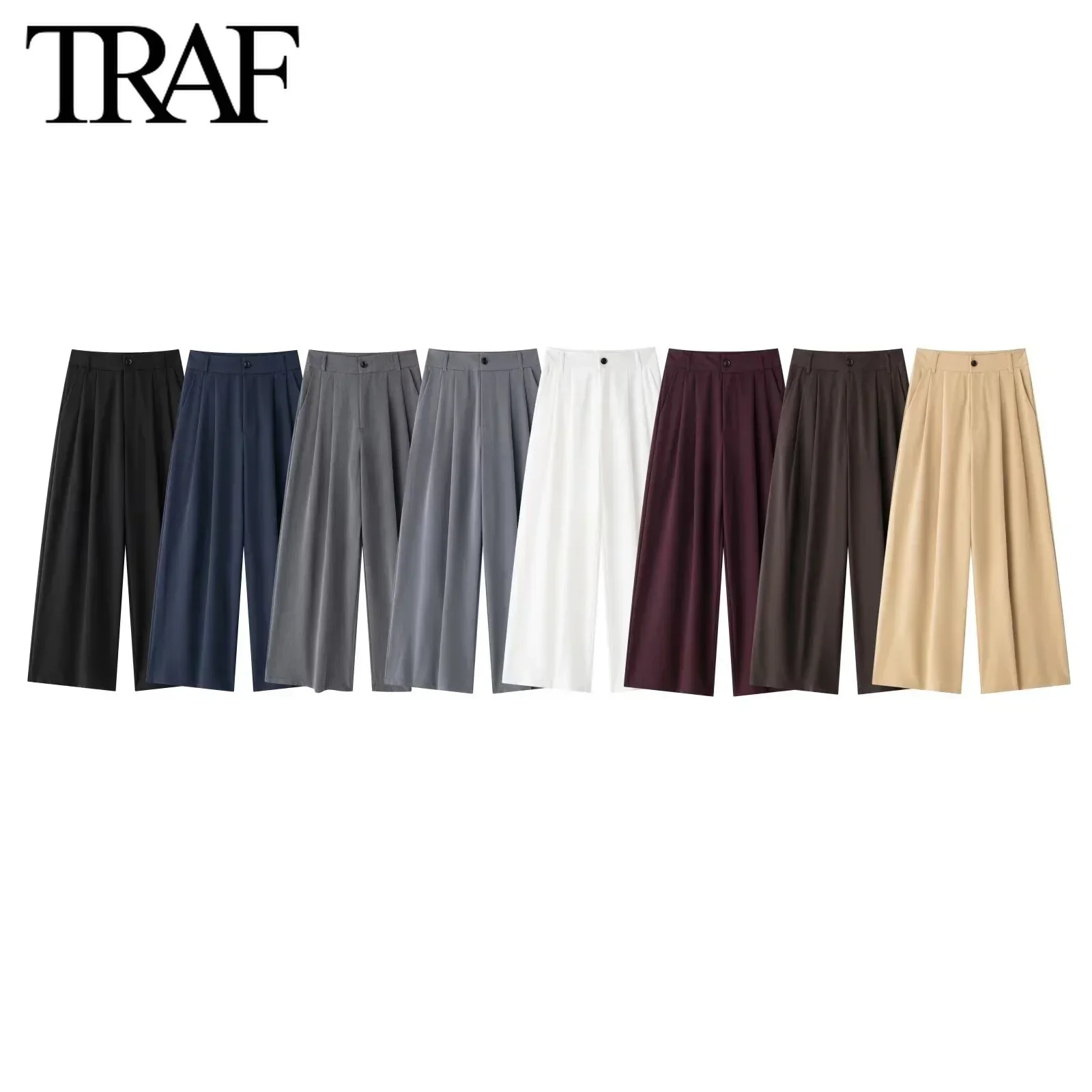 TRAF Pants for Women Fashion Autumn Winter New Slant Insert Pocket Zip Folded Chic Female High Waist Wide Leg Trousers Mujer