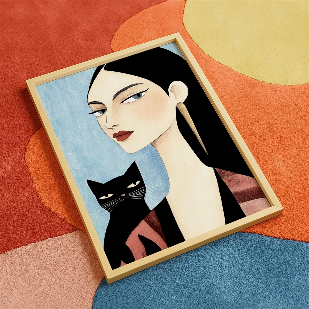

Chic Female Portrait with Cat Art Prints Artistic Lady and Cat Poster Black Cat with Woman Illustration Canvas Painting
