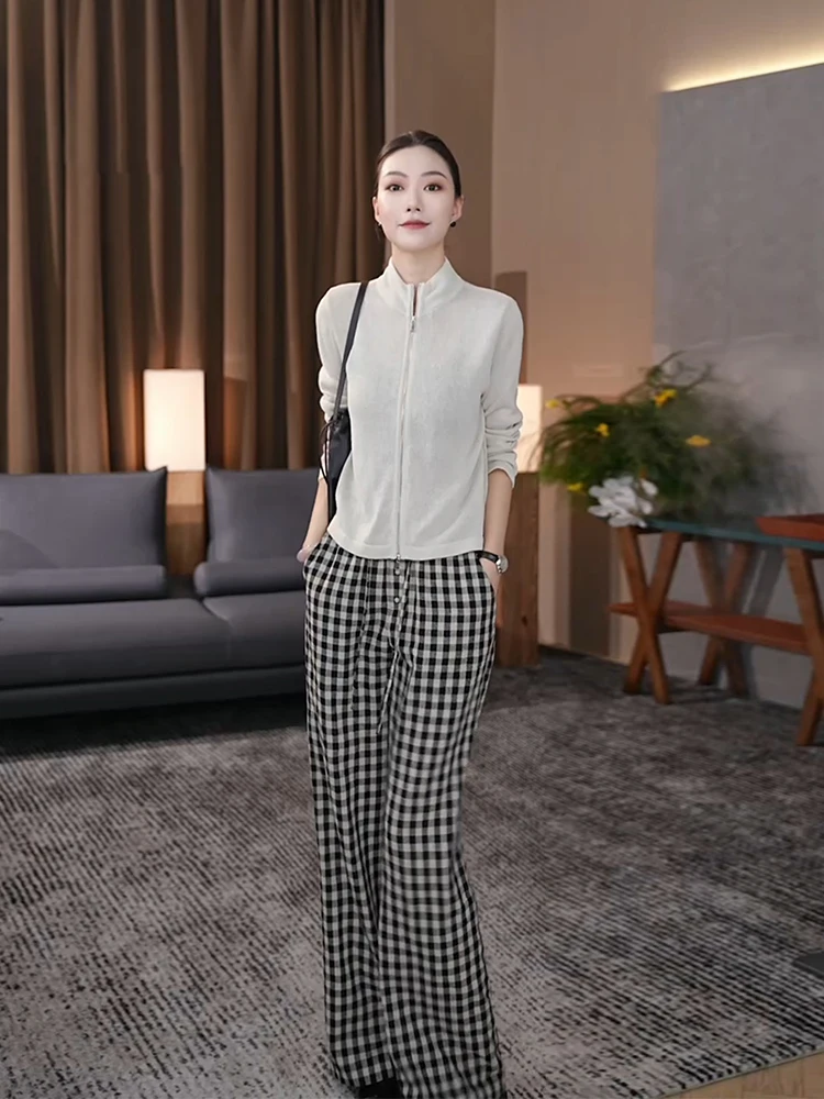 

Брюки с высокой талией, широкими штанинами и прямым кроем из льняной ткани, свободного кроя, для фигуры типа «груша», визуально стройнящие, в ретро-клетку, повседневные.