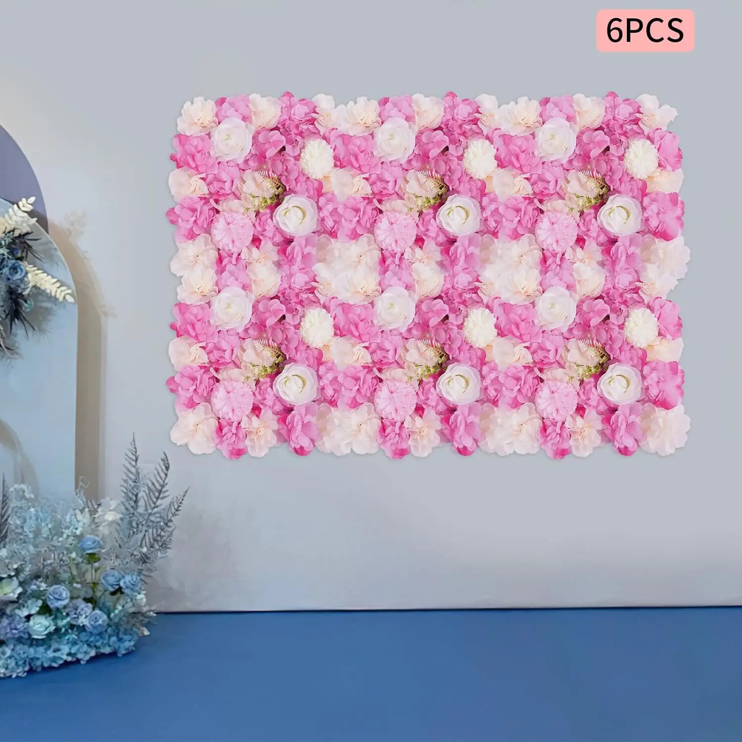Set of 6 Pink Artificial Rose Flower Wall Panels, 15×15 Inch 3D Floral Backdrop for Wedding, Party & Baby Shower Decor
