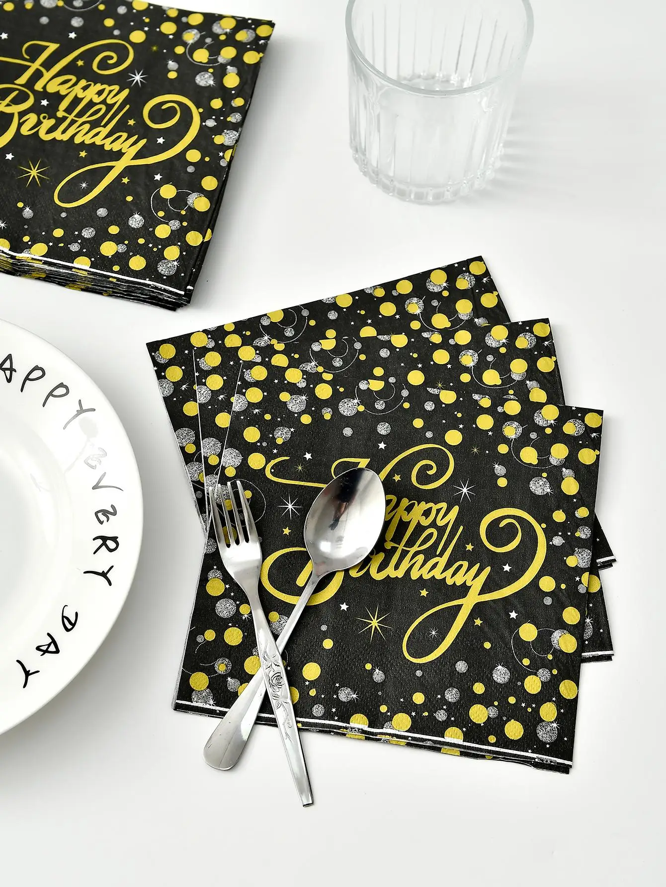 20pcs black and gold birthday happy napkins, party decorations, wedding decorations