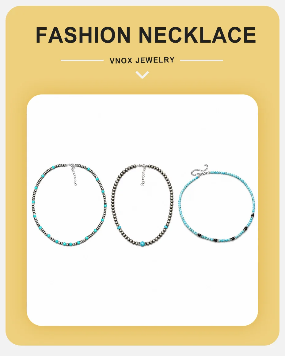 Vnox Herren-Halskette mit türkisfarbenen Perlen, verstellbare Kette im Bohemian-Stil, Punk-Hip-Hop-Schmuck, Geburtstagsparty-Geschenk für Ihn – Detail 1