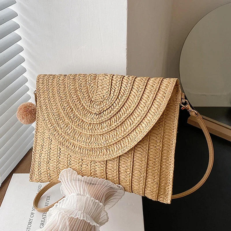 Summer Woven Braided Handbag For Women Woven Handmade Envelope Shoulder Bag Travel Beach Bag Shopping Coin Card Wallet