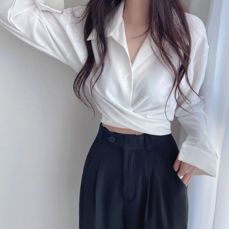 White Shirts Women Spring Korean Style Temperament Pure Chic Design Tops Lace-up Lapel New Office Lady All-match Popular Daily