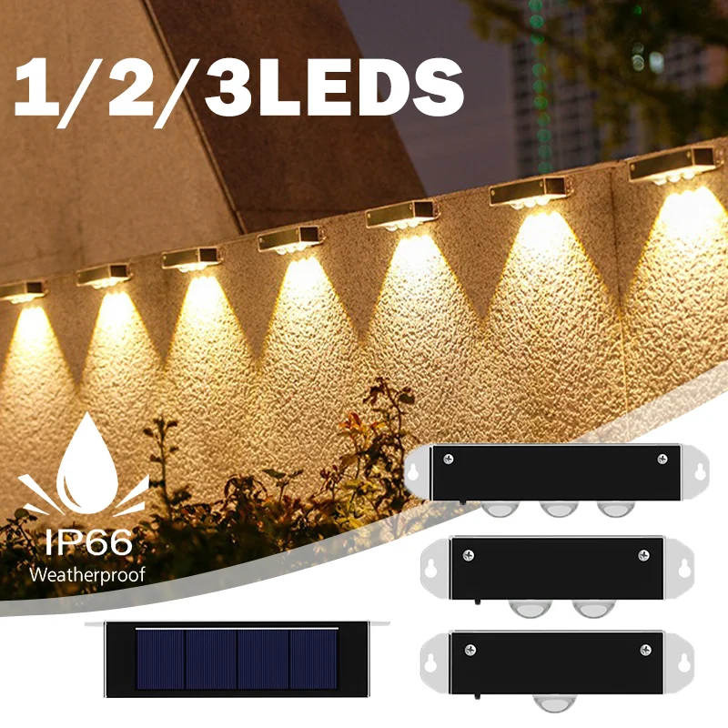 

1/2/3LEDS солнечный настенный светильник, наружное водонепроницаемое освещение, водонепроницаемое наружное освещение для дома, сада, двора, теплый белый светодиодный светильник