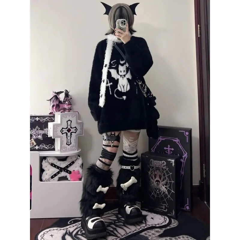 Devil Black Crewneck Sweater Cat Winter 2023 Y2k Clothes Sweater Women New Loose Knit Top Outfit Korean Casual Jumpers