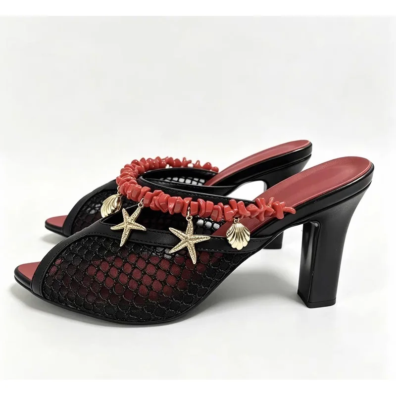 Women Mesh Peep Toe Mule Slippers Summer Beach Sea Shell Starfish Pendant Red Beaded Strap Slide Sandals Holiday Casual Shoes - view 4
