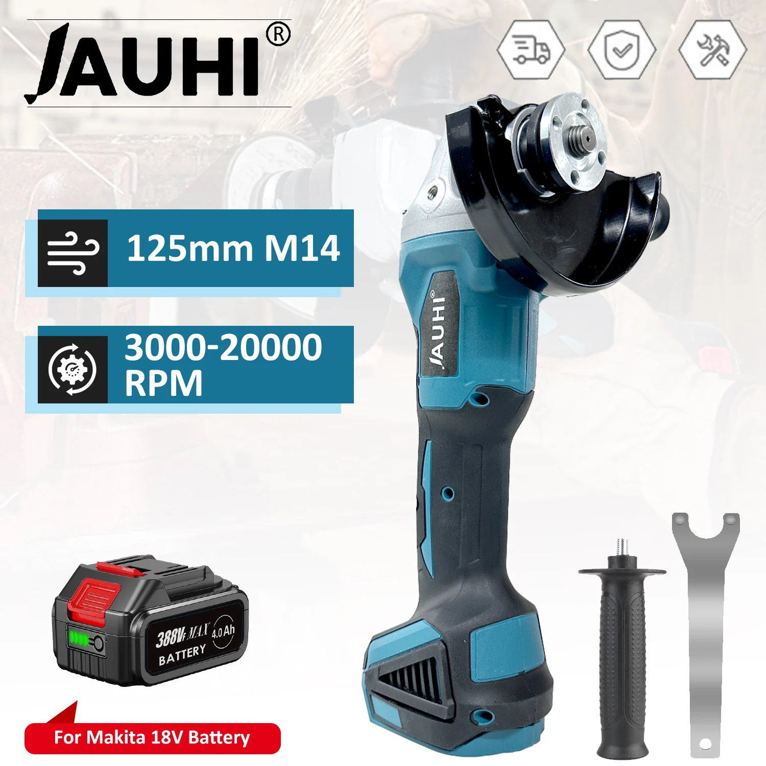 JAUHI 125MM 4 Gear Brushless Electric Angle Grinder Cutting Machine Power Tool with Makita 18V Battery for Decoration Tools