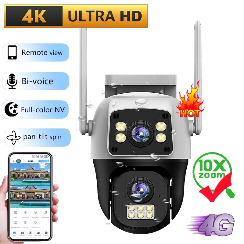 

V380 Pro 4G камера с двумя объективами 4K наружное PTZ-наблюдение CCTV отслеживание движения двустороннее аудио беспроводной монитор камера с двумя экранами