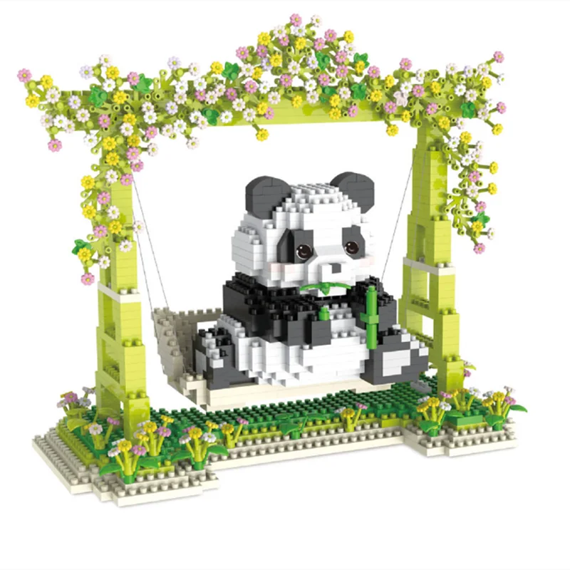 Cartoon Cute Panda Building Blocks Toys Creative Series Assembly Panda Swing Seesaw Rotating Plane Blocks Model Ornaments