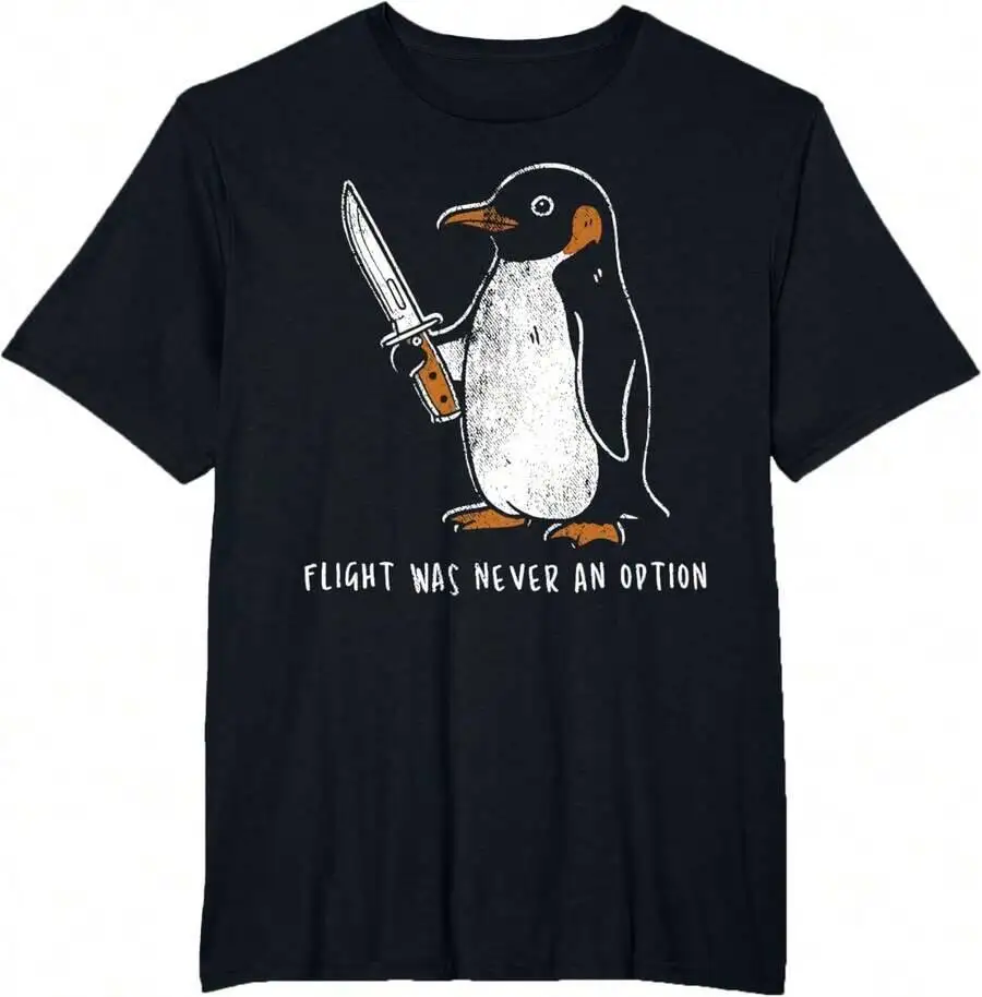 Flight Was Never An Option Funny Penguin With Knife T-Shirt 100% Cotton Trendy Y2K Short-Sleeve Tee-Soft, Quick-Drying,