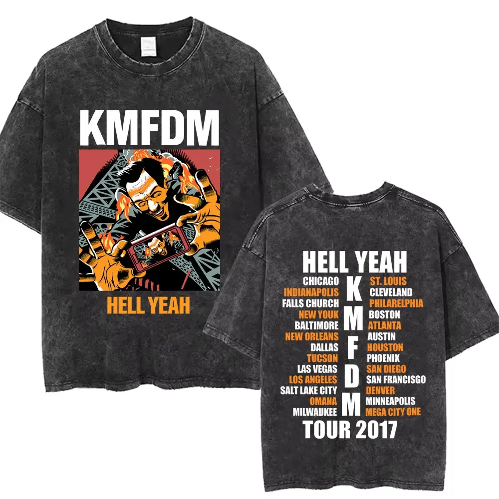 Washed Vintage Rock Band Kmfdm Music Album Cover T-shirt Men Women Casual Oversized T Shirts Male Classic Harajuku Streetwear