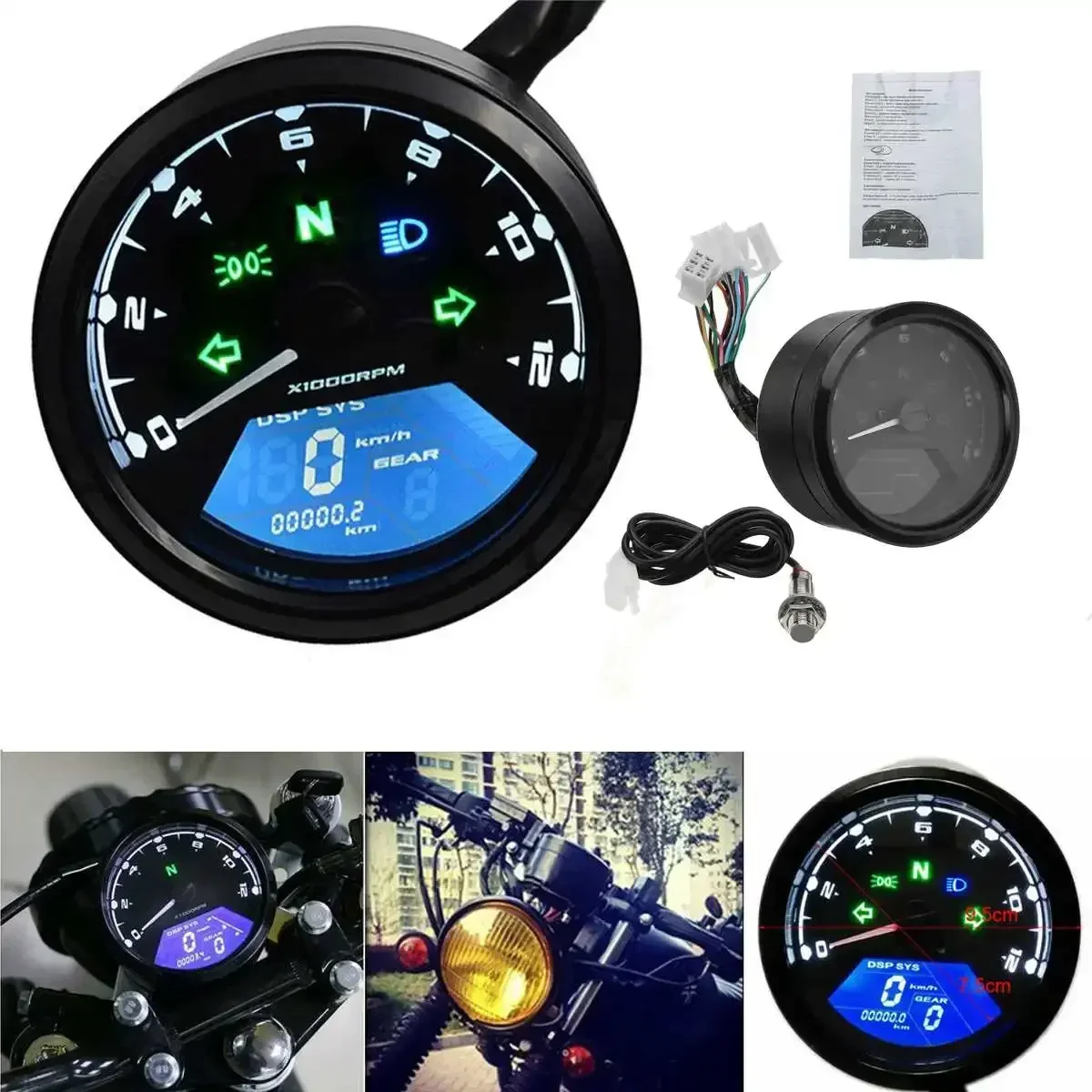 8-18V 12000RPM Universal Motorcycle Tachometer LCD Digital Display Speedometer Odometer Gauge Cafe Racer Motor