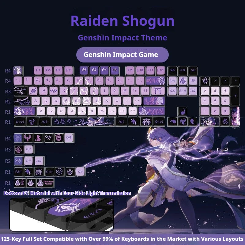 

Genshin Impact Raiden Shogun Game Keycap Mechanical Keyboard PBT Hot Sublimation 125Keys Transparent Custom Wooting Accessories