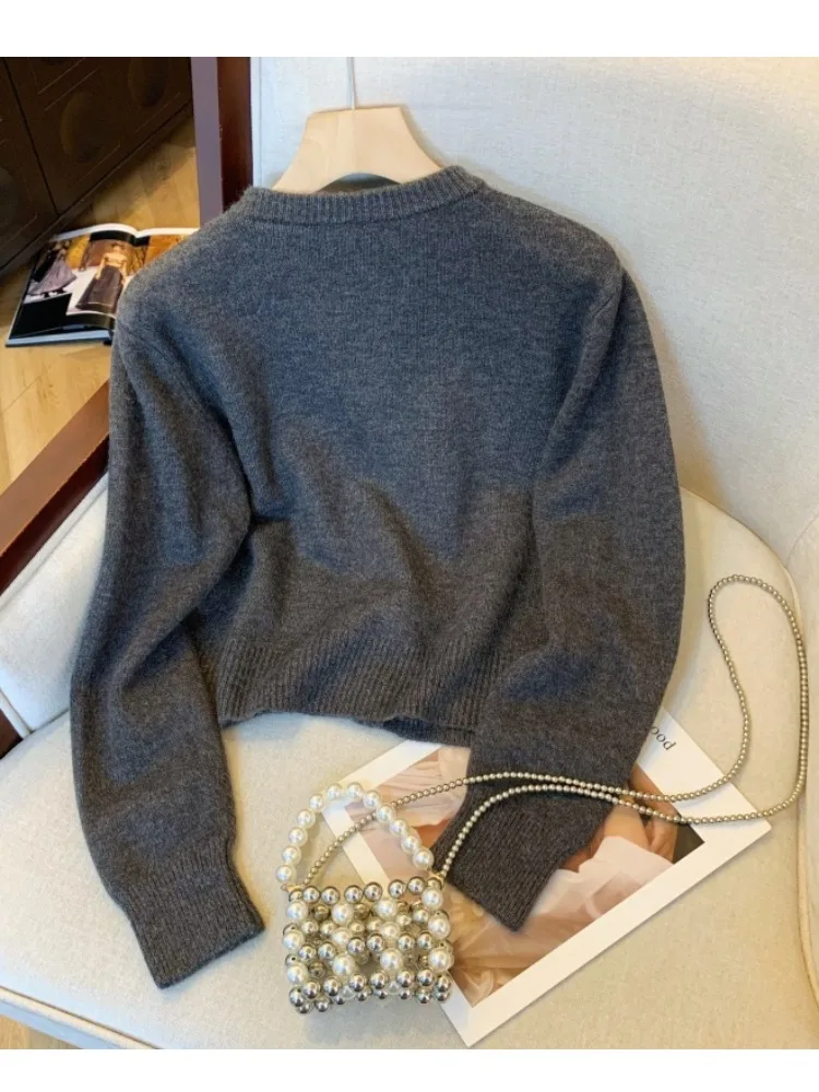 Autumn Winter Women's Knitted Cardigan Sweater Embroidered Daisy Pure Color round Ne Button up Top Loose Fit Sweet Sle