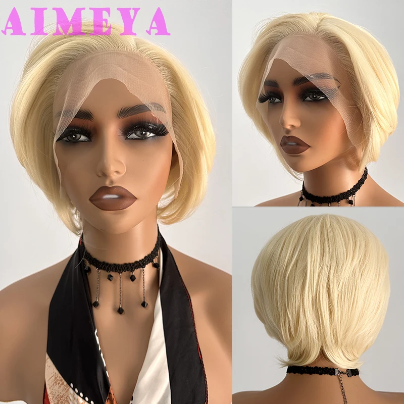 AIMEYA 613 Blonde Short Wigs Natural Looking Pixie Cut Wig Heat Resistant Synthetic Hair Lace Front Wig Daily Use Cosplay Party