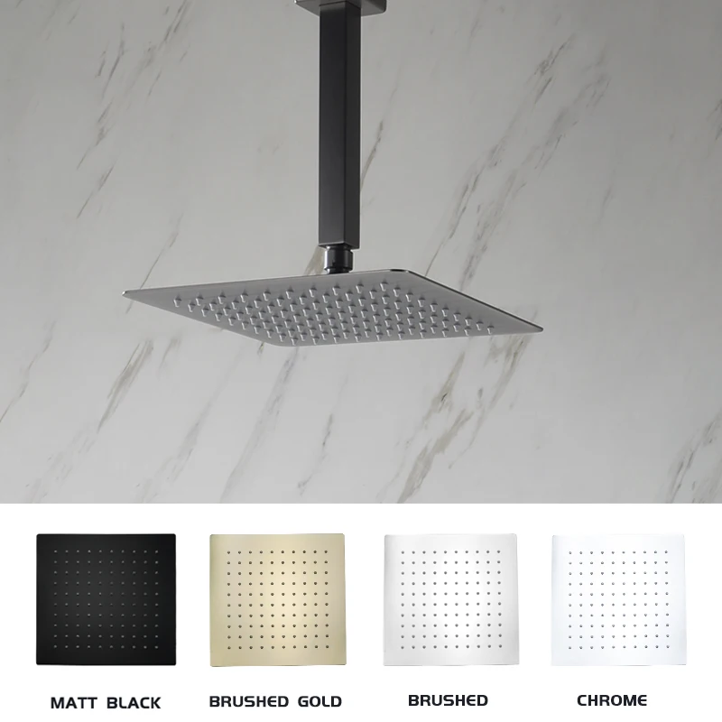 

Ultrathin 8/10/12 Inch Stainless Steel Rainfall Shower Head Bathroom Square Top Ceiling Mount Showerhead with Arm Brushed Gold