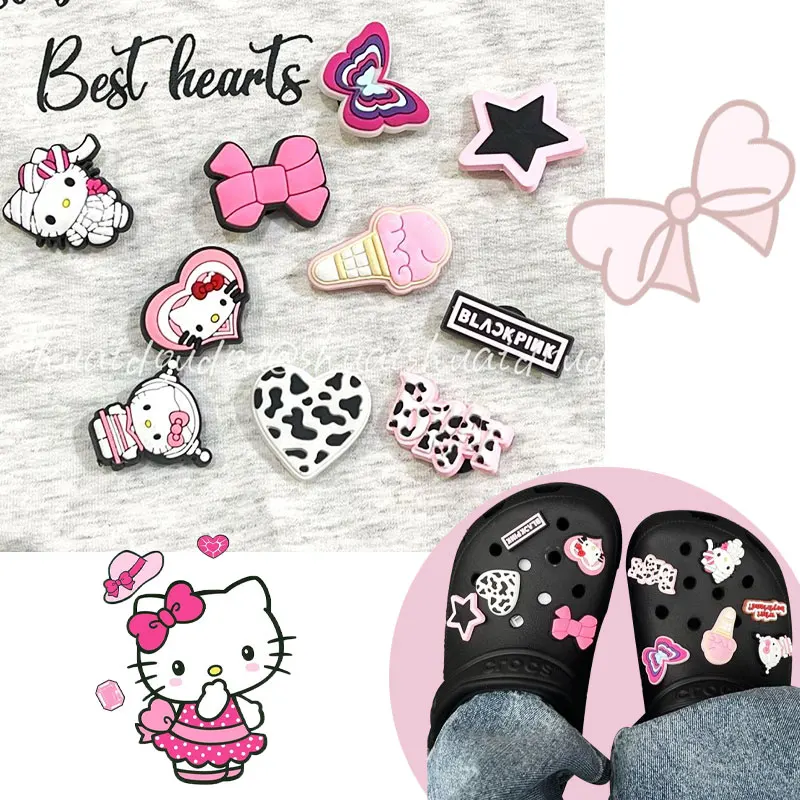 

Kawaii Sanrio Hello Kitty Shoe Buckle Set Cartoon Kt Cat Y2K Charm Hole Shoes Diy Accessories Slippers Decoration Girl Gift