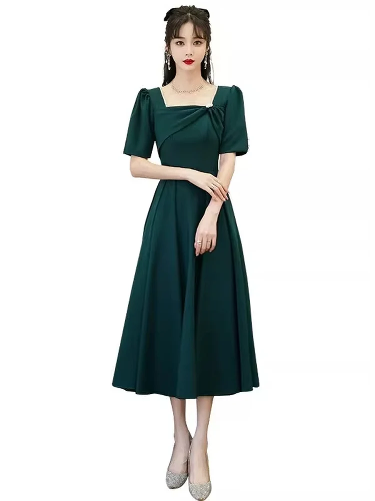 Ele Abito da sera estivo da donna di fascia alta semplice compleanno per adulti Par Host Dr coreano Sle cerniera colletto quadrato a vita media