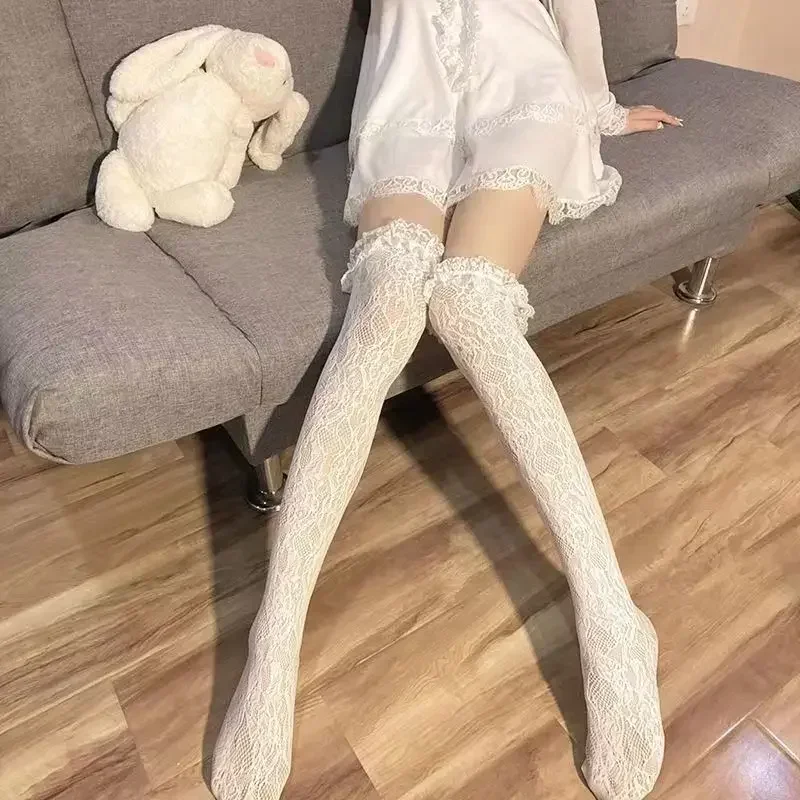 New Lolita Long Tube White Lace Mesh Female Over-knee High-tube Thigh Middle-tube Calf Socks Thin Section Jk Black And White