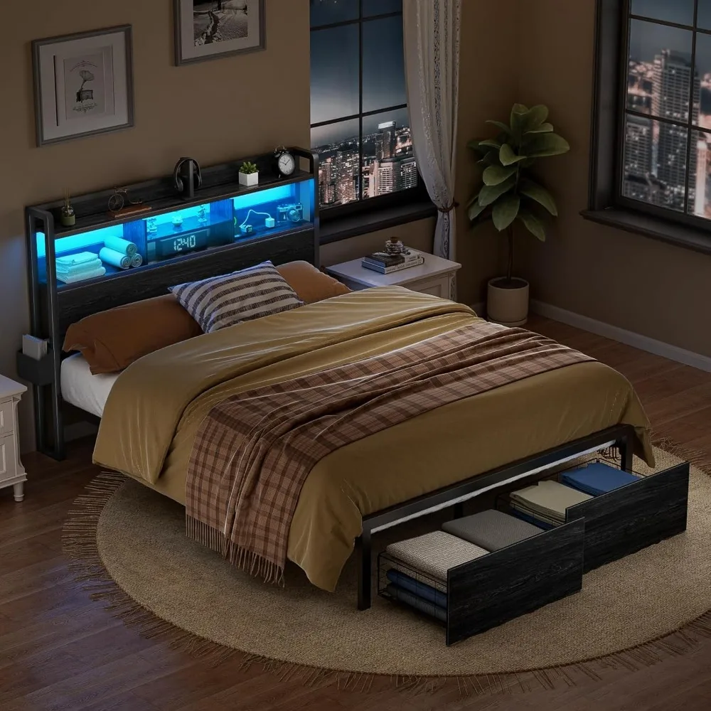 Queen Bed Frame with Wood Headboard and Storage Shelf, Metal Bed Frame with Storage Drawers, LED Lights and Charging Station