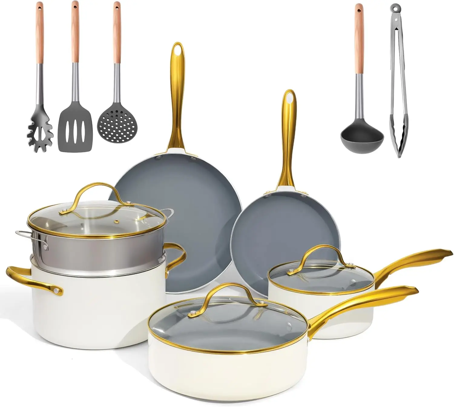 

Ceramic Cookware Set Pots and Pans Set Non Stick14-Pcs Kitchen Induction Cooking Sets Nonstick PFOS/PFOA Free Cream Gold