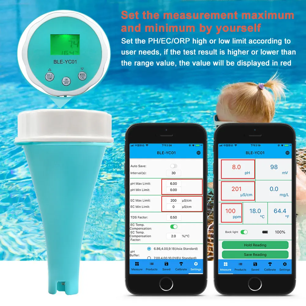 6 in 1 Smart Drijvende Zwembad Water Analyzer BT Waterkwaliteit Tester PH CL TDS EC ORP TEMP Tester voor Zwembad