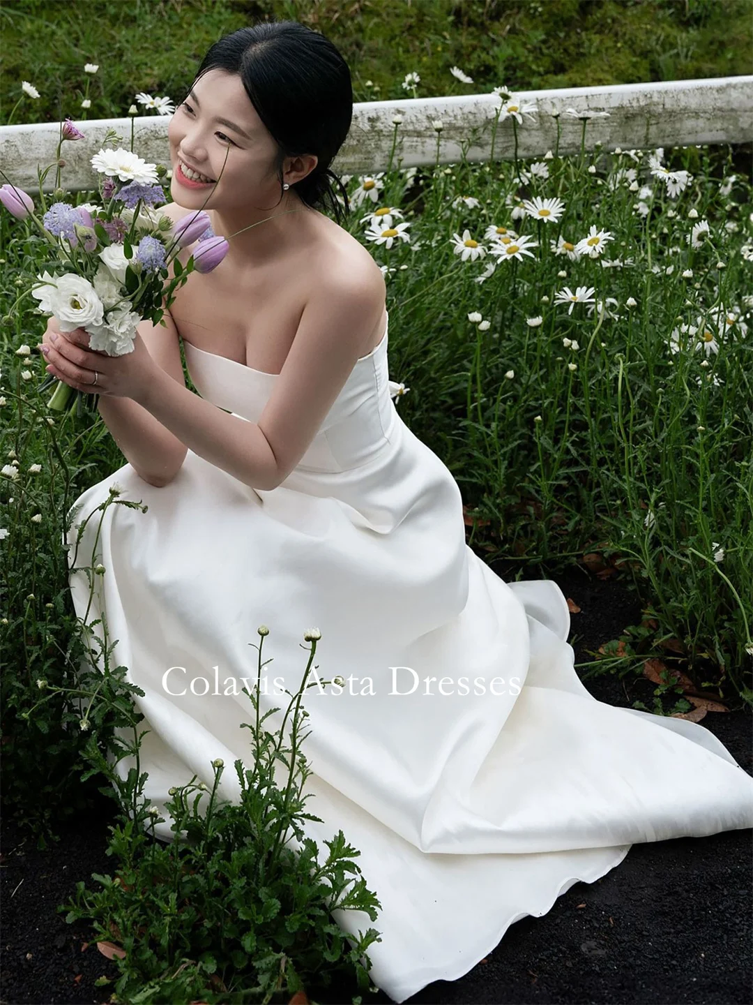 Colavis Asta Wedding Dresses Satin Ruched 프롬드레스  Korea Strapless Corset  A-Line Photoshoot Outdoor Bride Gowns Party Women Bride