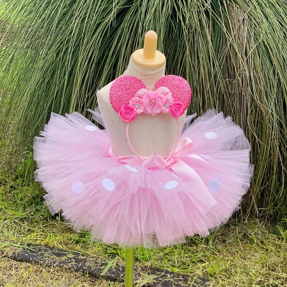 Baby Girls Pink Minnie Tutu Skirt Outfit for Kids Polka Dots Princess Costumes for Birthday Party Toddler Girl Fluffy Tutus Set