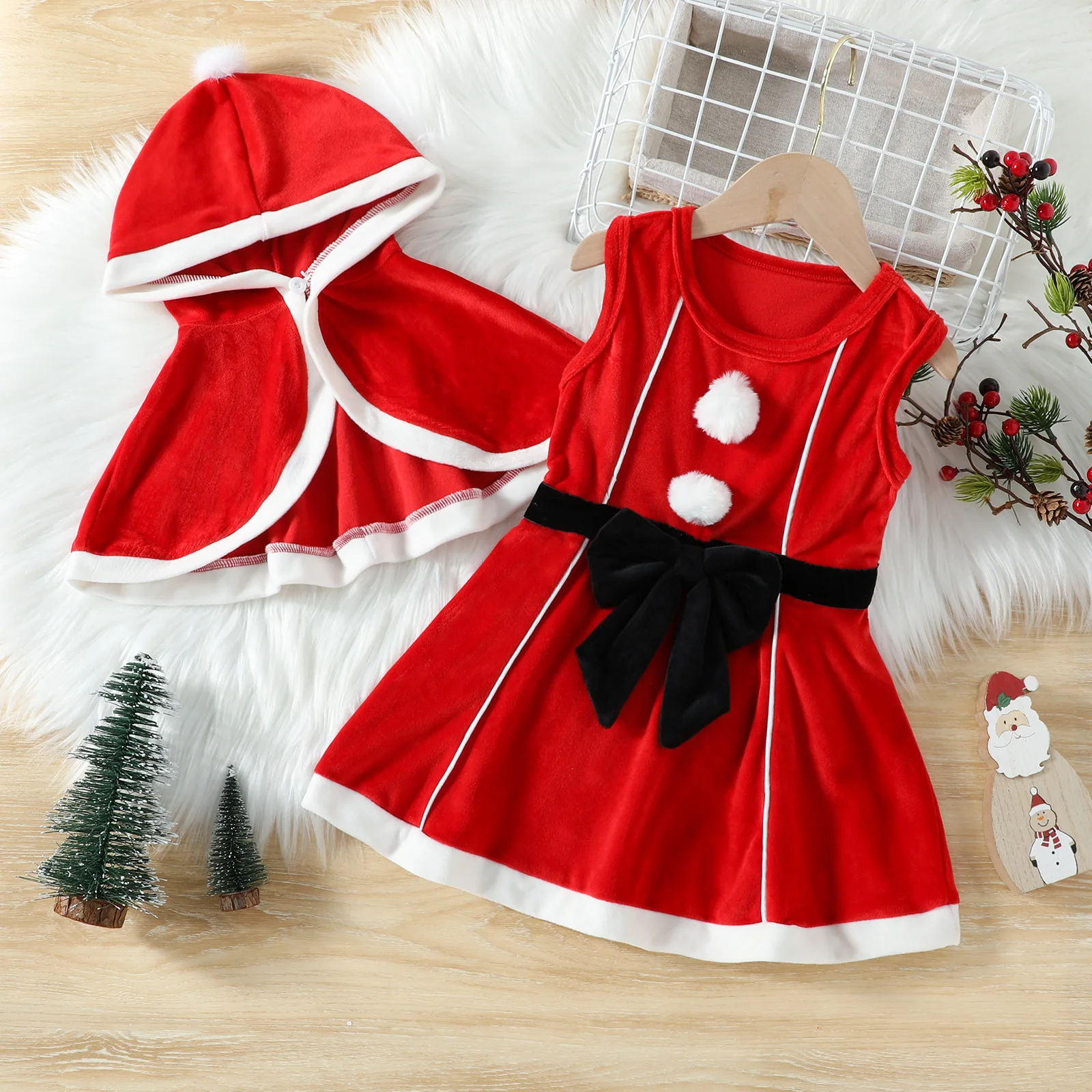 

Toddler Baby Girl Velvet Christmas Dress with Hood Cape Santa Claus Dress Up Red Xmas Fall Winter A-line Skirt Outfits