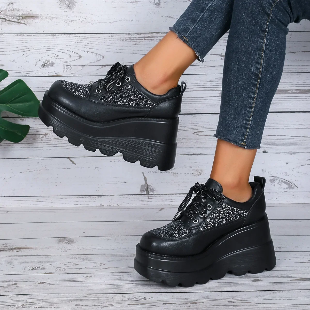 

2024 Hot Seller Autumn New Thick Soled Women's Shoes Sequin Platform Platform Wedge Heel Fashion Casual Single Shoes Women Ledp