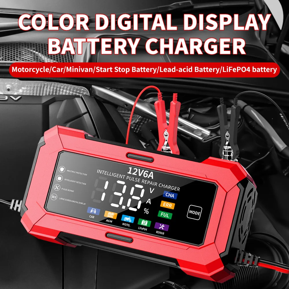 POPDEER PD-BC06 12V6A Pulse Repair Charger for Lead-Acid & Lithium Battery, Overcharge/Reverse/OverTemp Protection, LCD Display