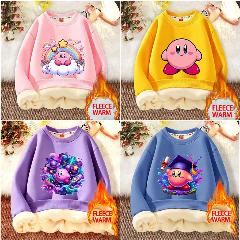 

Stars Kirbys Lamb Wool Sweatshirt Kawaii Anime Pullover Hoodies Winter Warm Thick Children Clothing Tops Cartoon Christmas Gifts